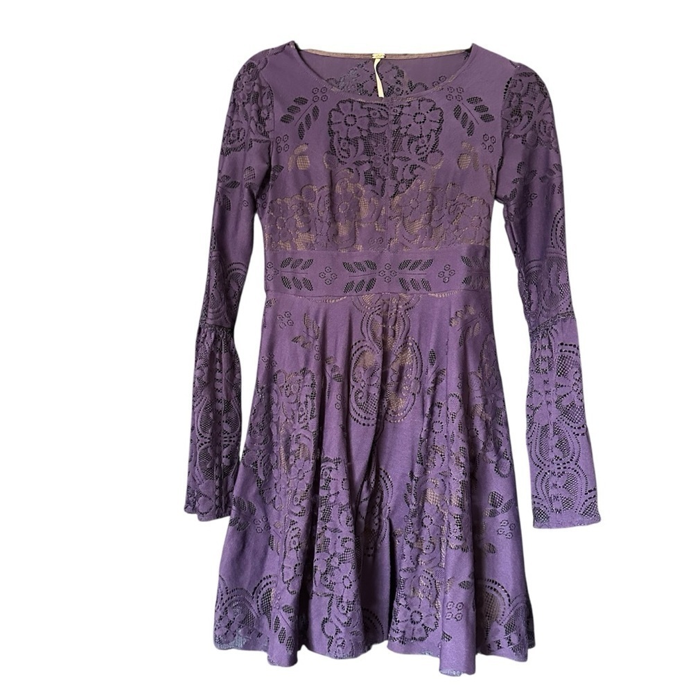Free People Dress Purple Lace Fairy Bell Sleeve Empire Waist Full Skirt Size 0